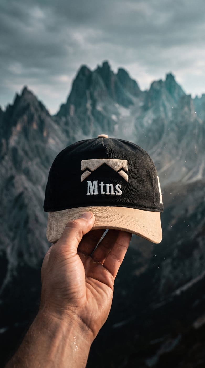 RSKF.CO — cap held against a mountain backdrop
