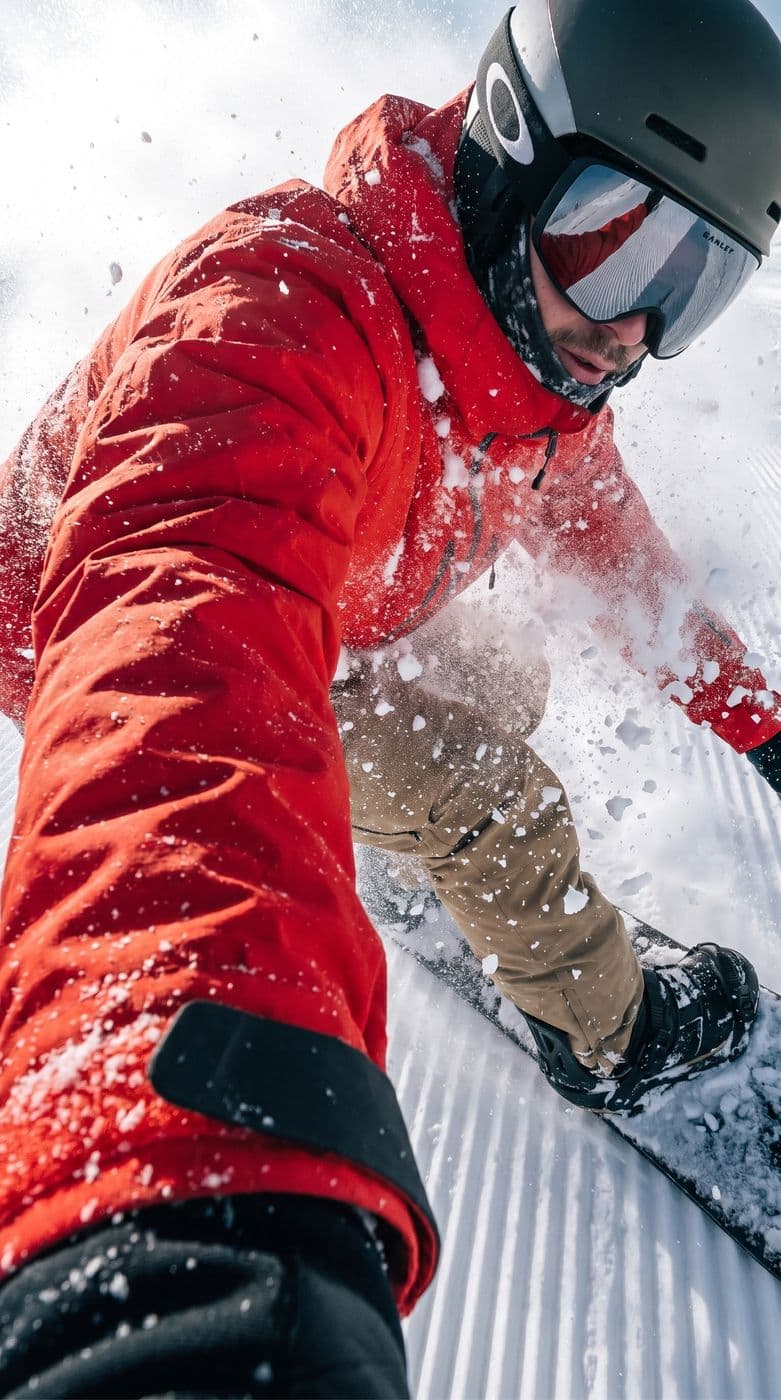 Strafe — snow breaking against the jacket surface